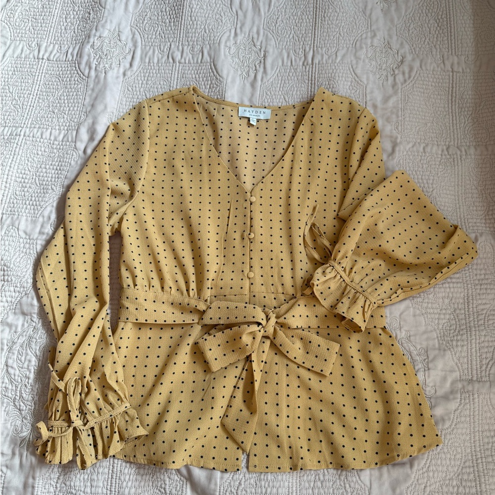 Hayden Mustard Blouse with Dark Navy polka dots